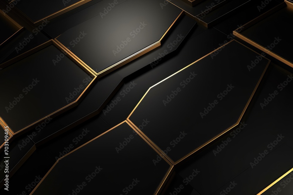 Black abstract background with golden hexagons. 3d rendering mock up ...