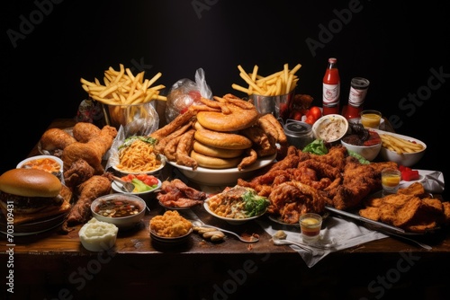 Variety of fast food including chicken nuggets, hamburger, cheeseburger, french fries, coleslaw, fish and chips, A large table of assorted takeout food such as pizza, french, AI Generated