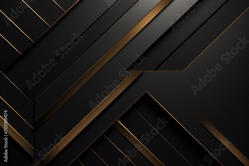 Abstract black and golden background with overlapping layers. Vector graphic design, Luxury abstract black metal background with golden light lines, Dark 3D geometric texture, AI Generated