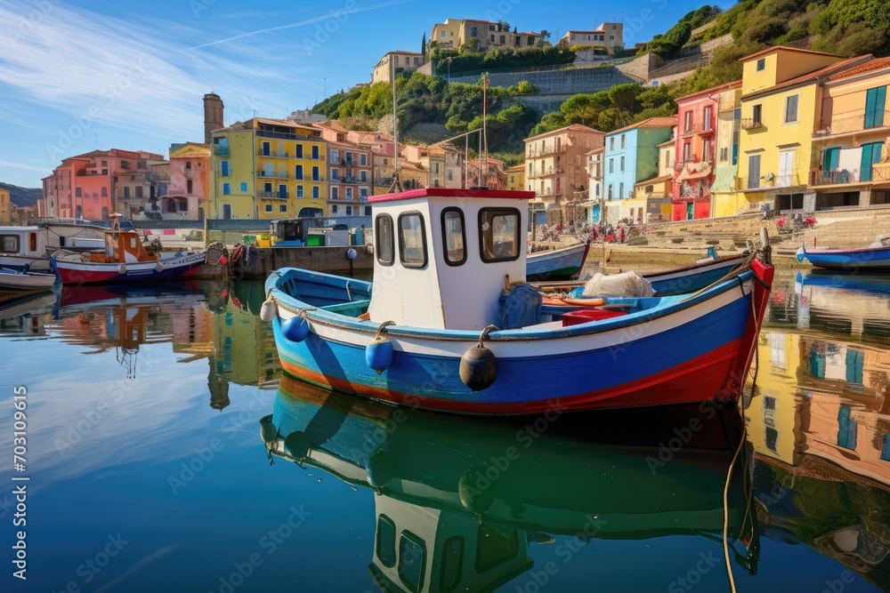 Colorful fishing boats in the harbor of Portovenere, Liguria, Italy, Mystic landscape of the harbor with colorful houses and boats in Porto Venero, Italy, AI Generated