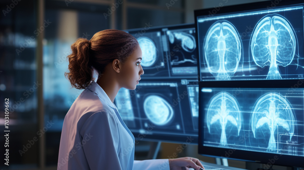 A compelling visual narrative materializes, featuring a female neurologist deeply engaged in examining brain scans using innovative medical technology. A compelling visual narrative materializes, featuring a female neurologist deeply engaged in examining brain scans using innovative medical technology.