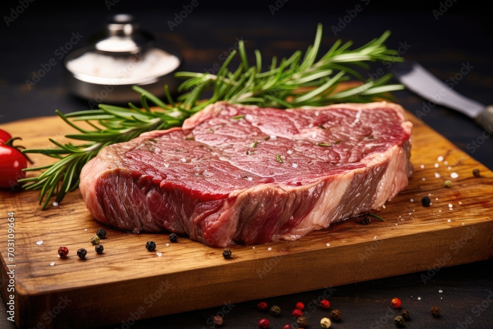 Raw beef steak with rosemary and peppercorns on wooden cutting board, Piece of rump steak on a cutting board, close up, AI Generated
