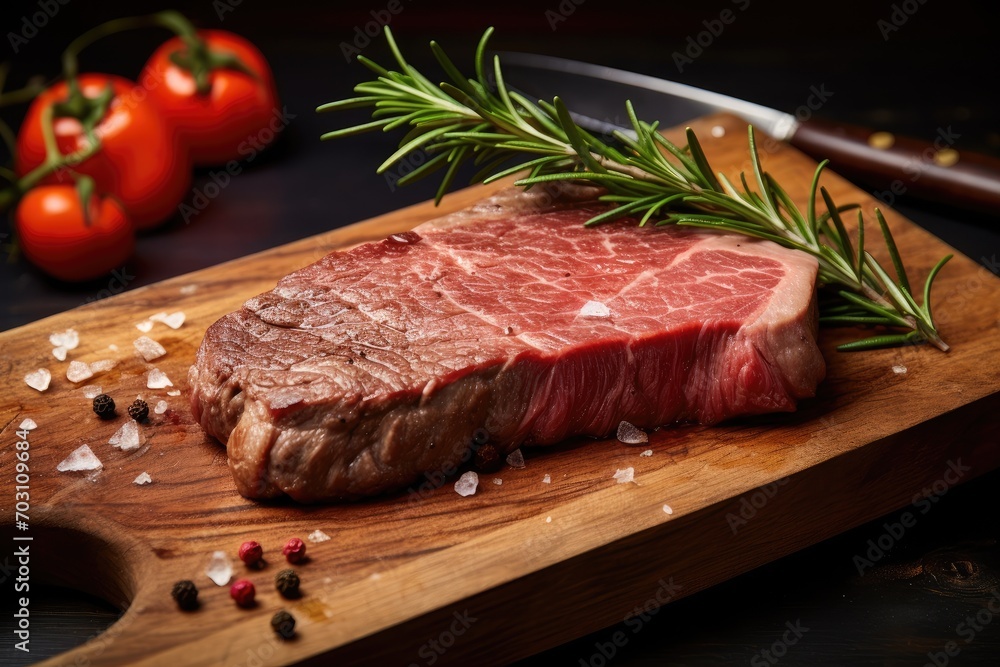Raw beef steak with rosemary and spices on wooden cutting board, Piece of rump steak on a cutting board, close up, AI Generated