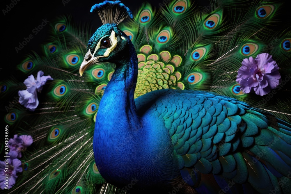 Fototapeta premium Peacock with beautiful feathers and flowers on a black background, Portrait of a beautiful peacock with feathers displayed, AI Generated