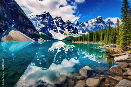 Beautiful alpine lake in the Canadian Rockies. Conceptual image, Moraine Lake panorama in Banff National Park, Alberta, Canada, AI Generated
