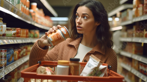 woman shopping in supermarket with a shopping basket, surrounded by neatly arranged grocery items photo