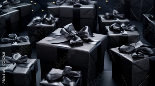 A group of black wrapped presents sitting on top of each other