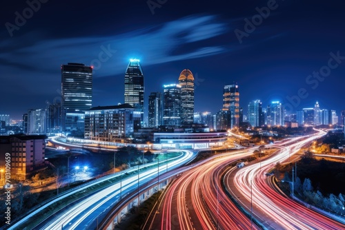 light trails on the modern building background in shanghai china, Night cityscape with buildings and roads in Beijing city, captured in a long exposure photo, AI Generated