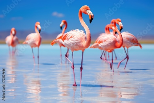 Flamingos at Salar de Uyuni, Bolivia, Group of pink African flamingos walking around the blue lagoon on a sunny day, AI Generated photo