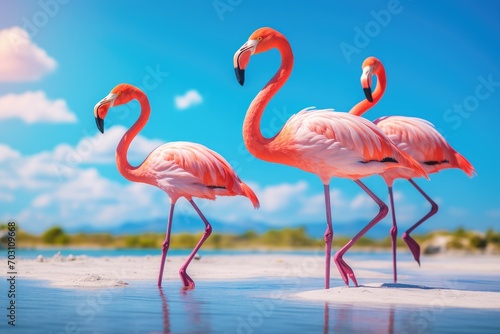 Three flamingos standing on the beach with a blue sky in the background  Group of pink African flamingos walking around the blue lagoon on a sunny day  AI Generated