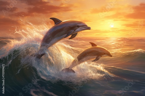 Dolphins jumping out of the sea at sunset. 3d render, Playful dolphins jumping over breaking waves, AI Generated photo