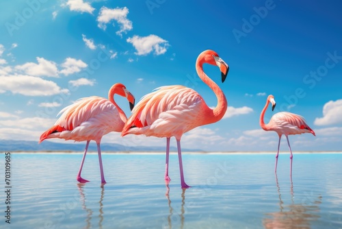 Pink flamingos in the lagoon of Salar de Uyuni, Bolivia, Group of pink African flamingos walking around the blue lagoon on a sunny day, AI Generated
