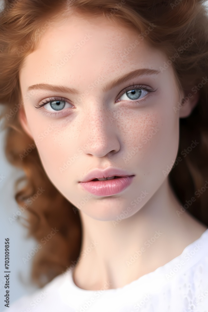 Soft light accentuates the features of a beautiful model, adorned with light makeup, against a pure white backdrop.