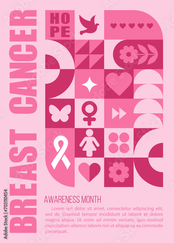 Breast Cancer Awareness Month. Minimal vintage 20s geometric design poster with pink primitive shapes elements. Neo geometrical pattern. Vector illustration in bauhaus minimalist style.