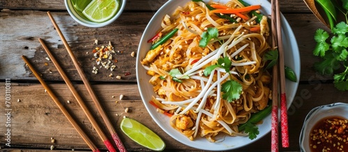 Thai street food, pad thai noodles, displayed on a wooden table from a top view perspective. photo