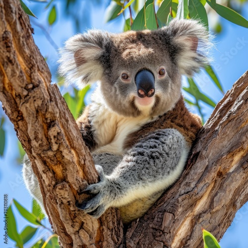 A Peaceful Koala nestled in Eucalyptus Tree in the Heart of the Australian Bushland Background - The Sky above is Blue, Relax - Beautiful Koala Wallpaper created with Generative AI Technology
