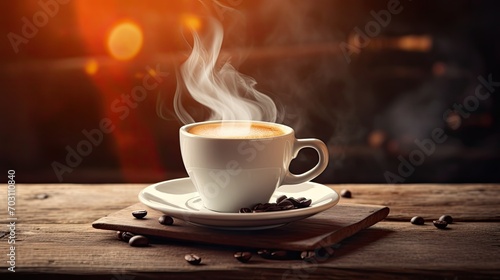 Aromatic morning. Hot espresso in white coffee cup. Dark roast coffee with steam on wooden table.