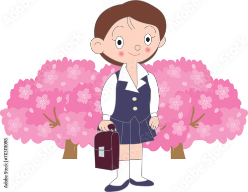 満開の桜と制服の女の子
