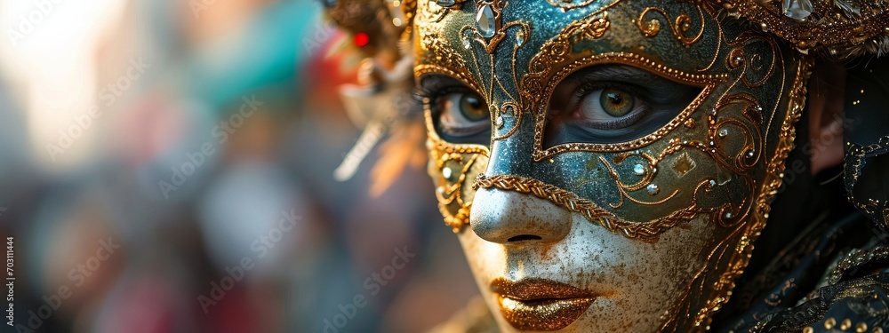 Obraz premium Mask carnival venice masquerade venetian party background theater purim costume italy. Venice carneval mask golden mardi carnival gras feather ball gold venezia design holiday celebration face dark