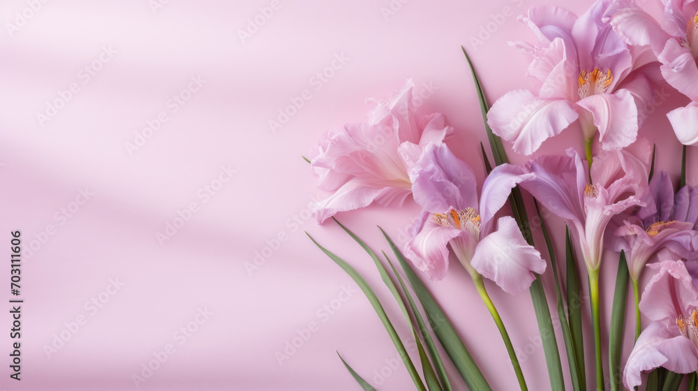Fototapeta premium A bunch of soft pink gladiolus flowers arranged beautifully on a pink surface, creating a tranquil and romantic mood.