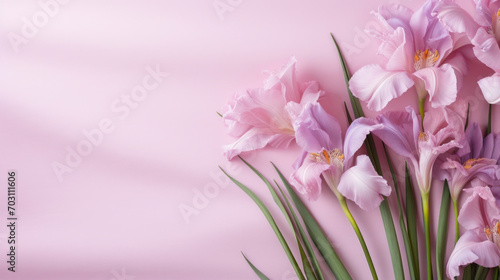 A bunch of soft pink gladiolus flowers arranged beautifully on a pink surface, creating a tranquil and romantic mood.