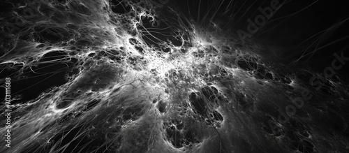 3D rendering of a computer-generated map shows abstract intensity patterns for dark matter and energy in the universe, in black and white. photo