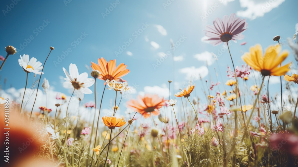 Vibrant wildflowers reaching for the sky in a sunlit meadow, with a clear blue backdrop and soft focus on the foreground.