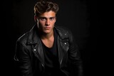 A smart and handsome young male model in a leather jacket and jeans, capturing an edgy and rebellious style, against a solid light black background.