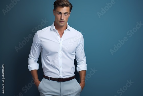 A smart and handsome young male model in a crisp white shirt and dress pants, against a solid light blue background. © Bilal