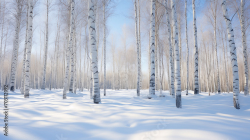 A tranquil birch forest covered with a fresh blanket of snow, creating a serene and peaceful winter landscape. © tashechka