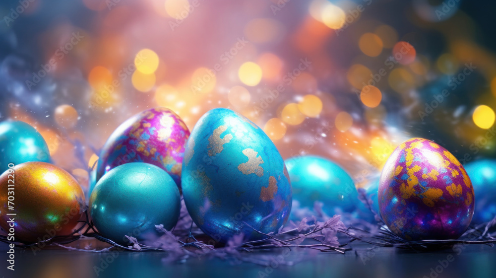 Vividly colored Easter eggs with metallic accents lying on a twig nest, set against a shimmering bokeh light backdrop. Vividly colored Easter eggs with metallic accents lying on a twig nest, set against a shimmering bokeh light backdrop.