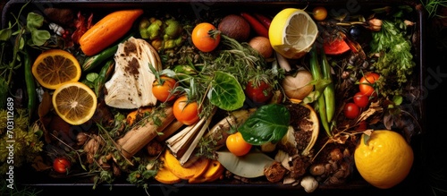 Rotting organic waste with mixed vegetables and fruits in a compost-filled container for animals.