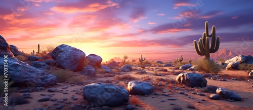Beautiful sunrise between boulders and light saguaro cactus, orange purple, blue.