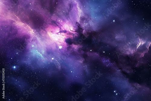 a colorful nebula with shining stars. The nebula is characterized by an array of colors including reds, blues, and yellows, creating a visually striking effect