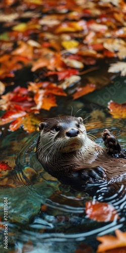 An Otter floating lazily on its Back in a Clear, gently Flowing River - The Otter is playfully with its Paws, Rich Colors of Autumn Leaves - Cute Otter Background created with Generative AI Technology