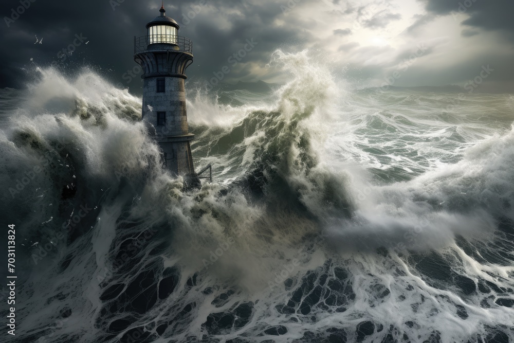 Stormy sea with stormy waves and lighthouse. 3D rendering, Lighthouse in a storm on the North Sea, presented in 3D rendering, AI Generated