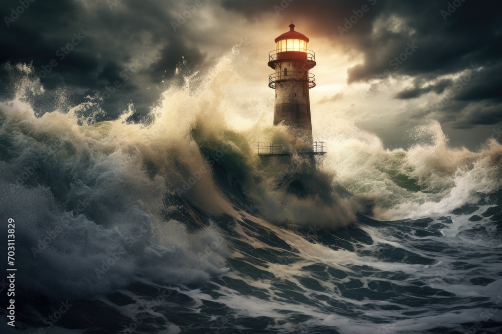 Lighthouse in stormy sea. 3d illustration. Elements of this image furnished by NASA, Lighthouse in a storm on the North Sea, presented in 3D rendering, AI Generated