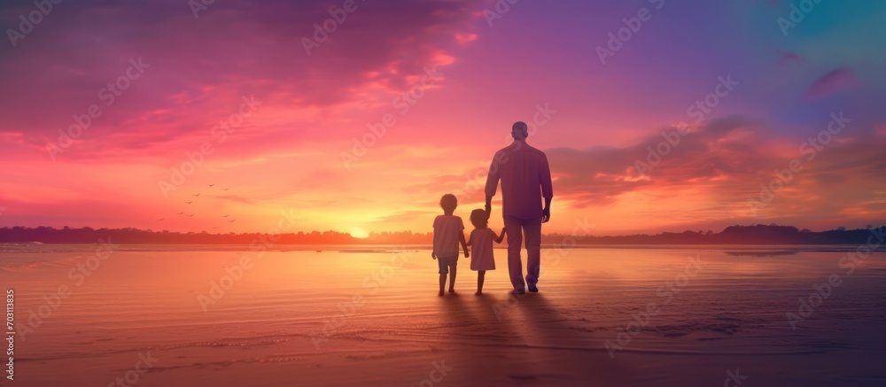 Happy father with children on beach sunset, light, blue, purple, orange