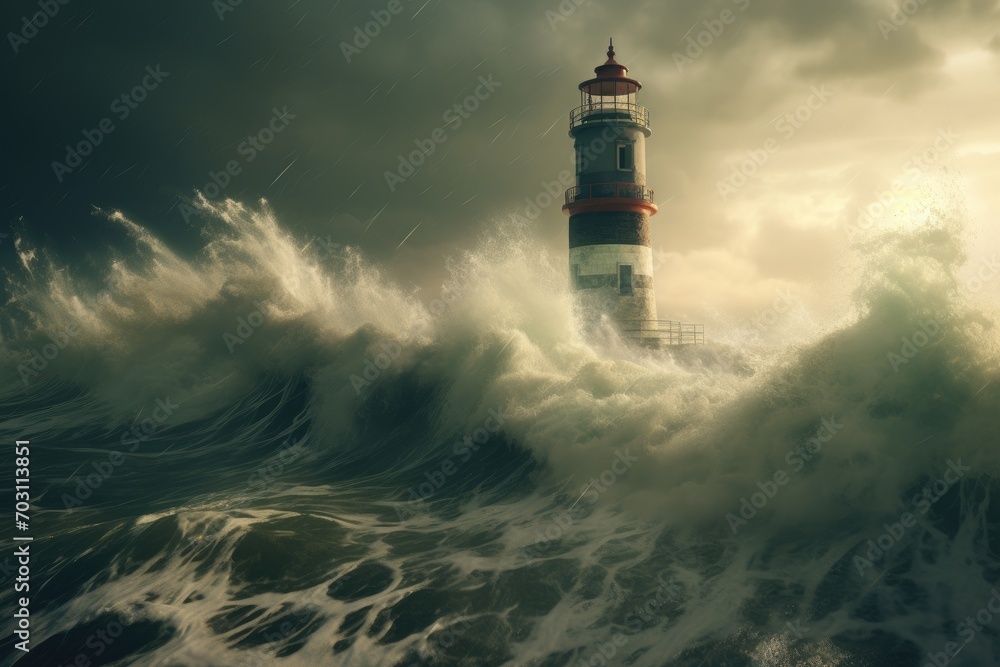 Stormy sea with stormy waves and lighthouse. 3d rendering, Lighthouse in a storm on the North Sea, presented in 3D rendering, AI Generated