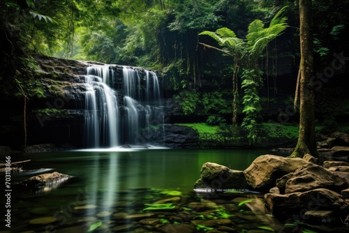 Beautiful waterfall in tropical forest, Thailand. Long exposure shot, Long exposure of a waterfall in the jungle, Khao Yai National Park, Thailand, AI Generated