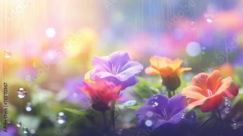 A vibrant display of garden flowers is bathed in a soft rain shower, with water droplets enhancing their colors. © tashechka