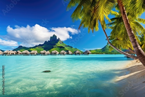 Tropical island with water bungalows and coconut palm trees, Luxury overwater villas with coconut palm trees, a blue lagoon, and a white sandy beach at Bora Bora island, Tahiti, AI Generated
