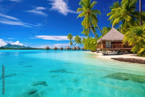 tropical beach in Maldives with few palm trees and blue lagoon, Luxury overwater villas with coconut palm trees, a blue lagoon, and a white sandy beach at Bora Bora island, Tahiti, AI Generated