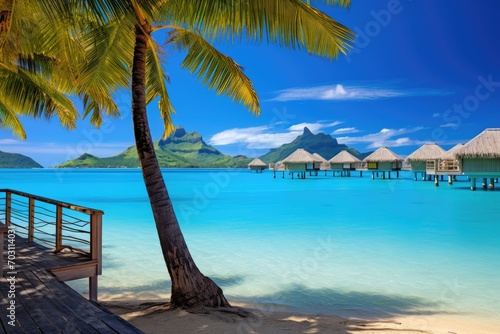 tropical beach at Maldives with few palm trees and blue lagoon, Luxury overwater villas with coconut palm trees, a blue lagoon, and a white sandy beach at Bora Bora island, Tahiti, AI Generated