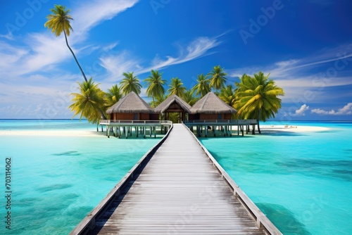 tropical beach in Maldives with few palm trees and blue lagoon, Maldives Islands Tropical, AI Generated © Ifti Digital