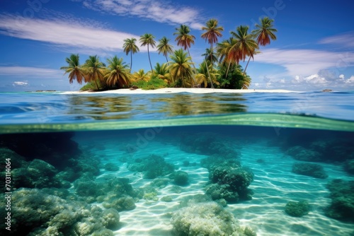 Split underwater photo of tropical island with palm trees and blue lagoon  Maldives Islands Tropical  AI Generated