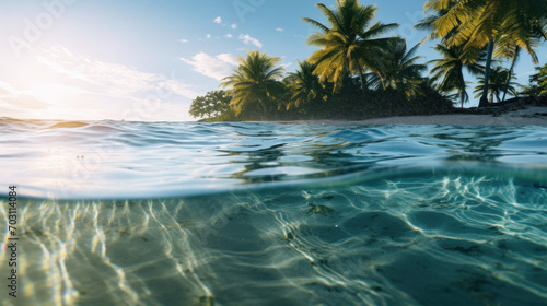 Split perspective of a serene tropical beach with palm trees above the waterline and a sandy seabed below.