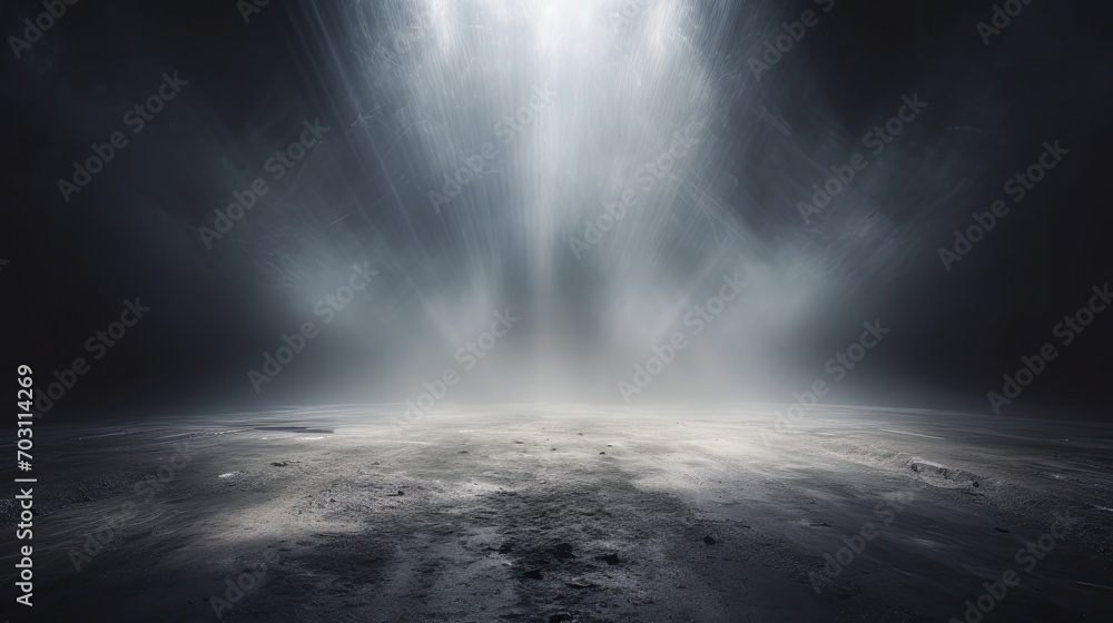 Dark gray background fog and light on floor. Mystical mist. smoke in dark room. Banner show product  - obrazy, fototapety, plakaty 