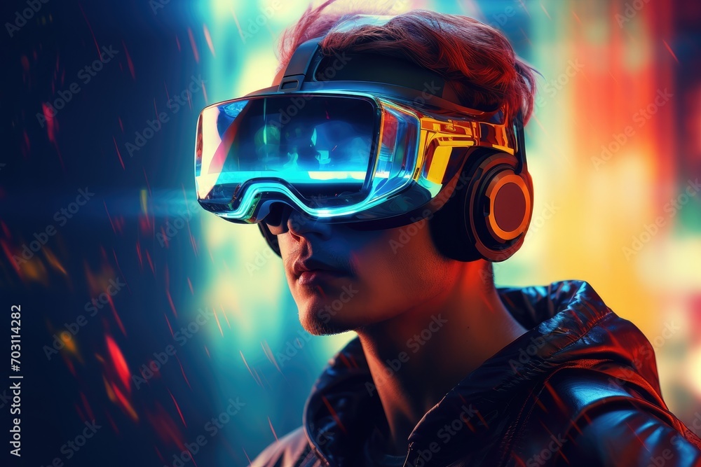 Portrait of a young man wearing virtual reality goggles. Future technology concept, Young woman wearing virtual reality goggles, Future technology and entertainment concept, AI Generated