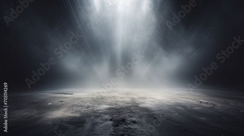 Dark gray background fog and light on floor. Mystical mist. smoke in dark room. Banner show product  photo